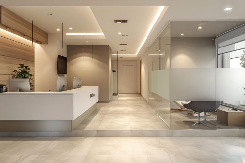 Recepcion de una clinica dental moderna minimalista, con un diseno elegante, mostradores minimalistas senalizacion clara y moderna, AI Generative
